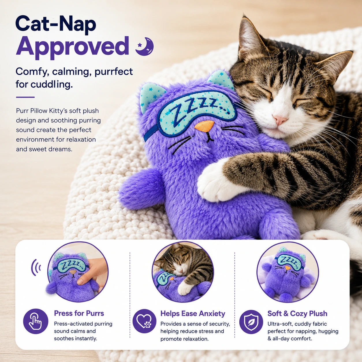 Touch-Activated Purring Plush Kitty Toy for Cats & Kittens – Soft Comfort Pillow with Realistic Purring Sound