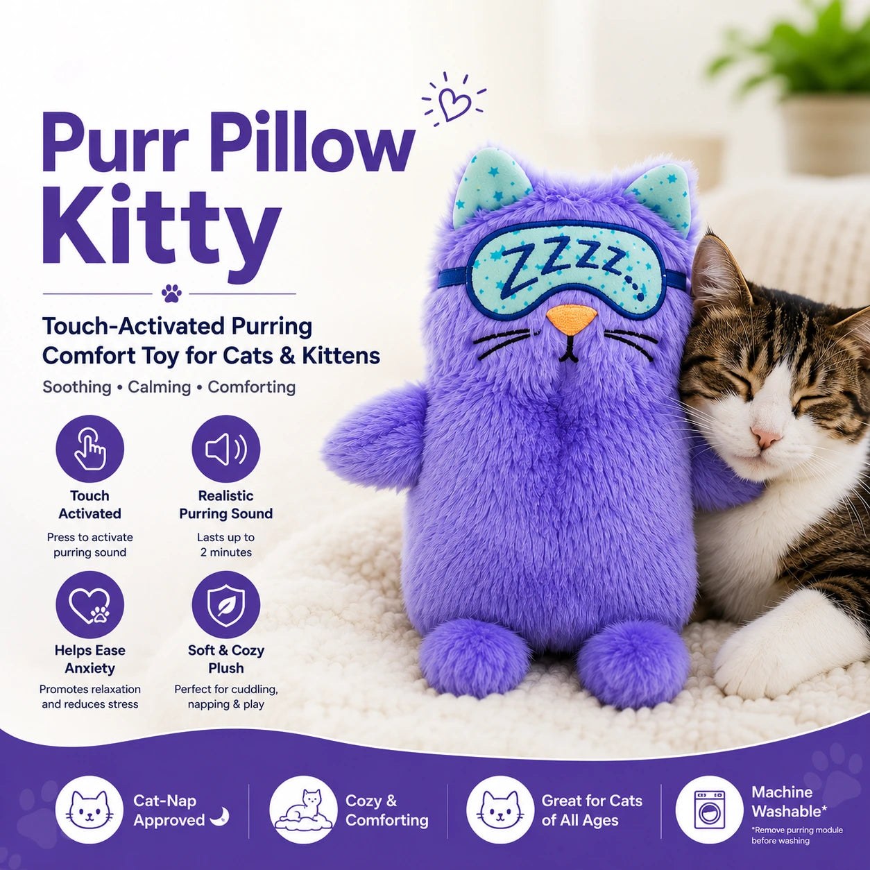 Touch-Activated Purring Plush Kitty Toy for Cats & Kittens – Soft Comfort Pillow with Realistic Purring Sound