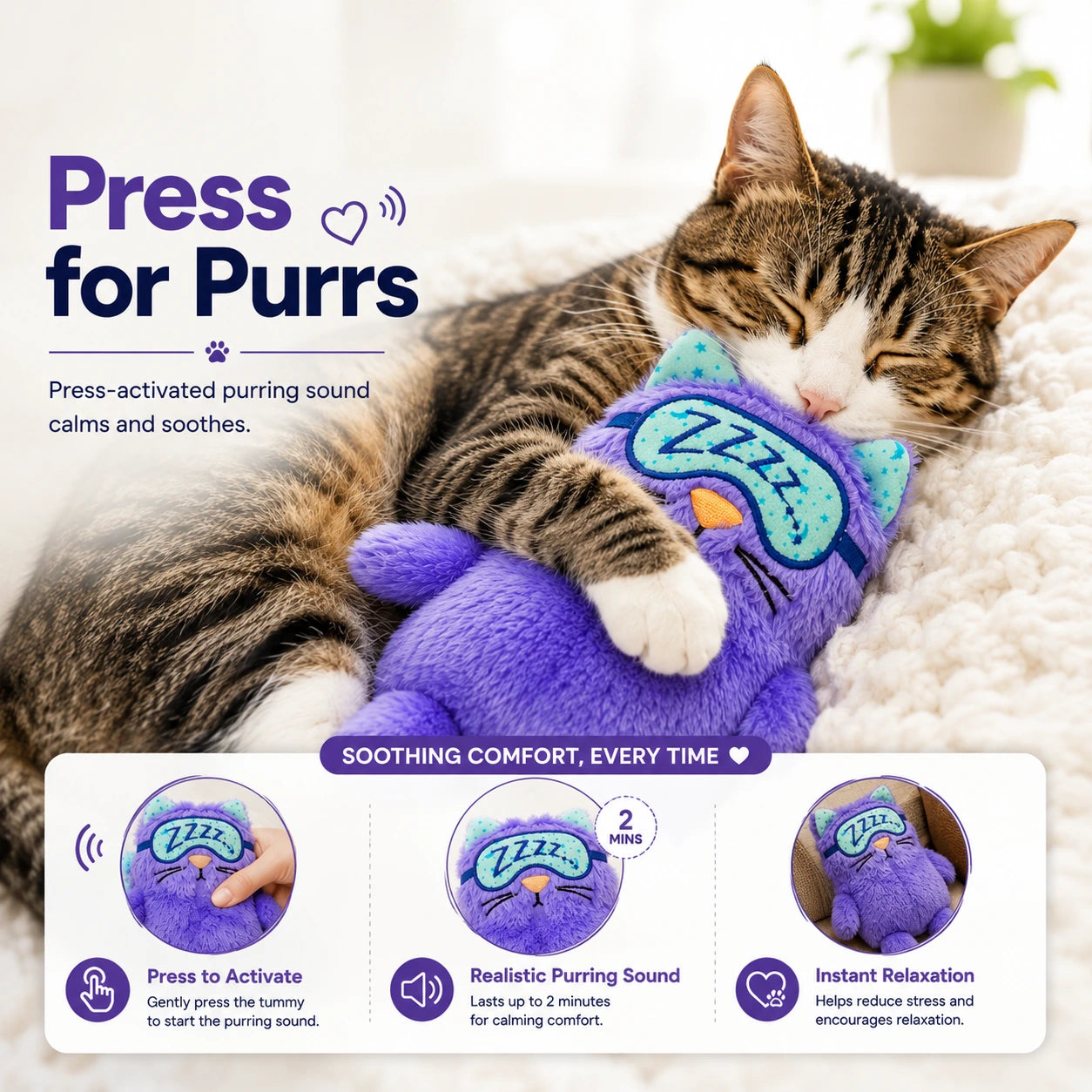 Touch-Activated Purring Plush Kitty Toy for Cats & Kittens – Soft Comfort Pillow with Realistic Purring Sound