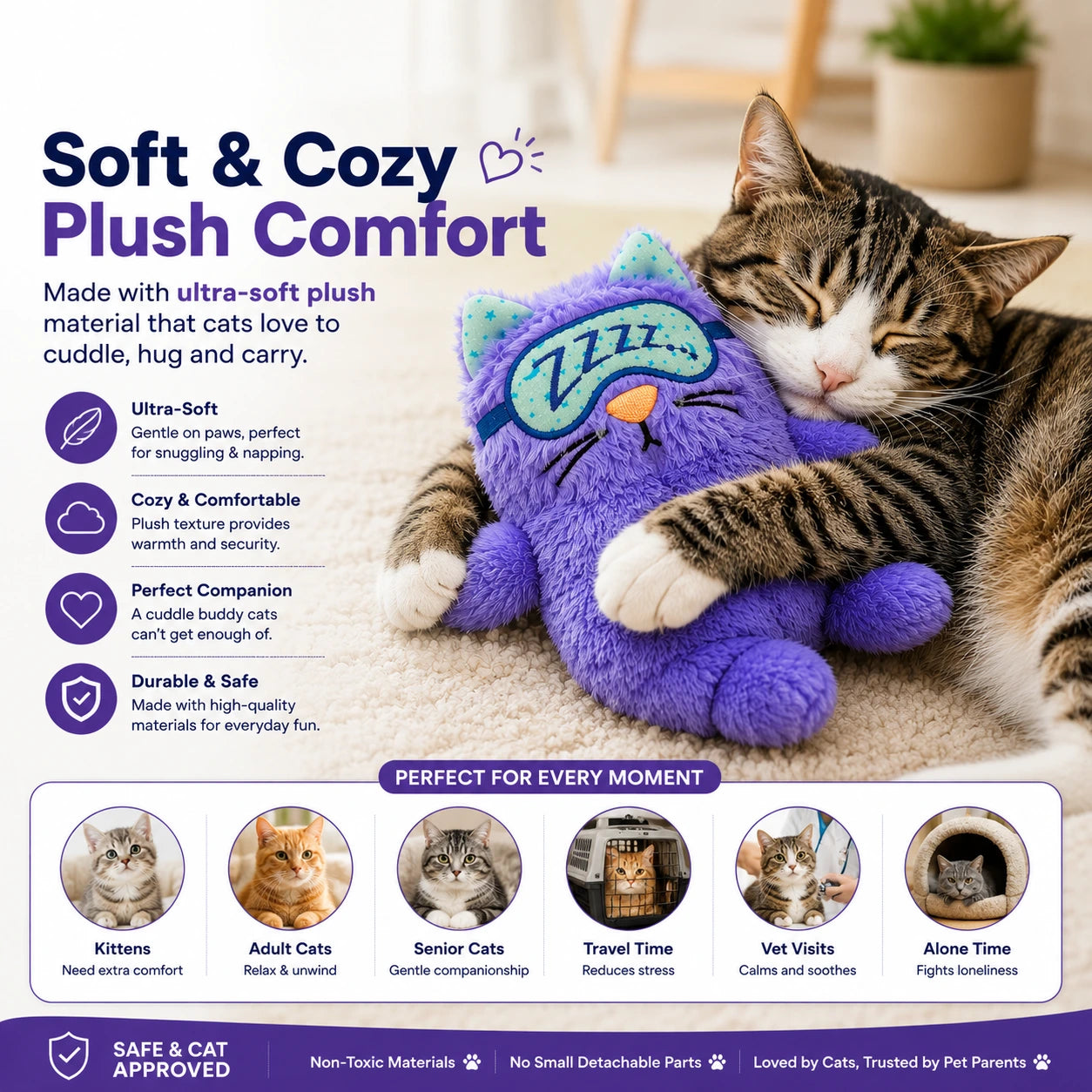Touch-Activated Purring Plush Kitty Toy for Cats & Kittens – Soft Comfort Pillow with Realistic Purring Sound