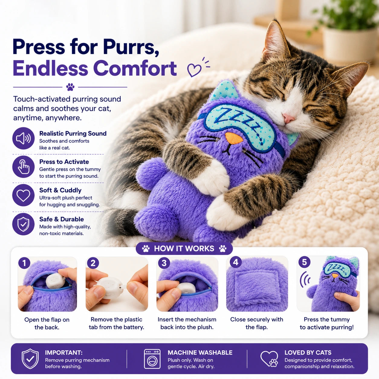 Touch-Activated Purring Plush Kitty Toy for Cats & Kittens – Soft Comfort Pillow with Realistic Purring Sound